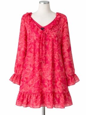 Boohoo Pink Floral Ruffle Chiffon Mini Dress | Long Sleeve | Size 16